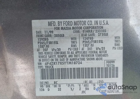 2000 Mazda B4000 Se/Tl from USA, damaged, VIN 4F4ZR17X5YTM18724